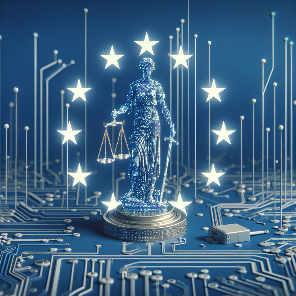 Symbolisches Keyvisual zum EU AI Act: EU-Sterne, Leiterplatten und Waage der Gerechtigkeit