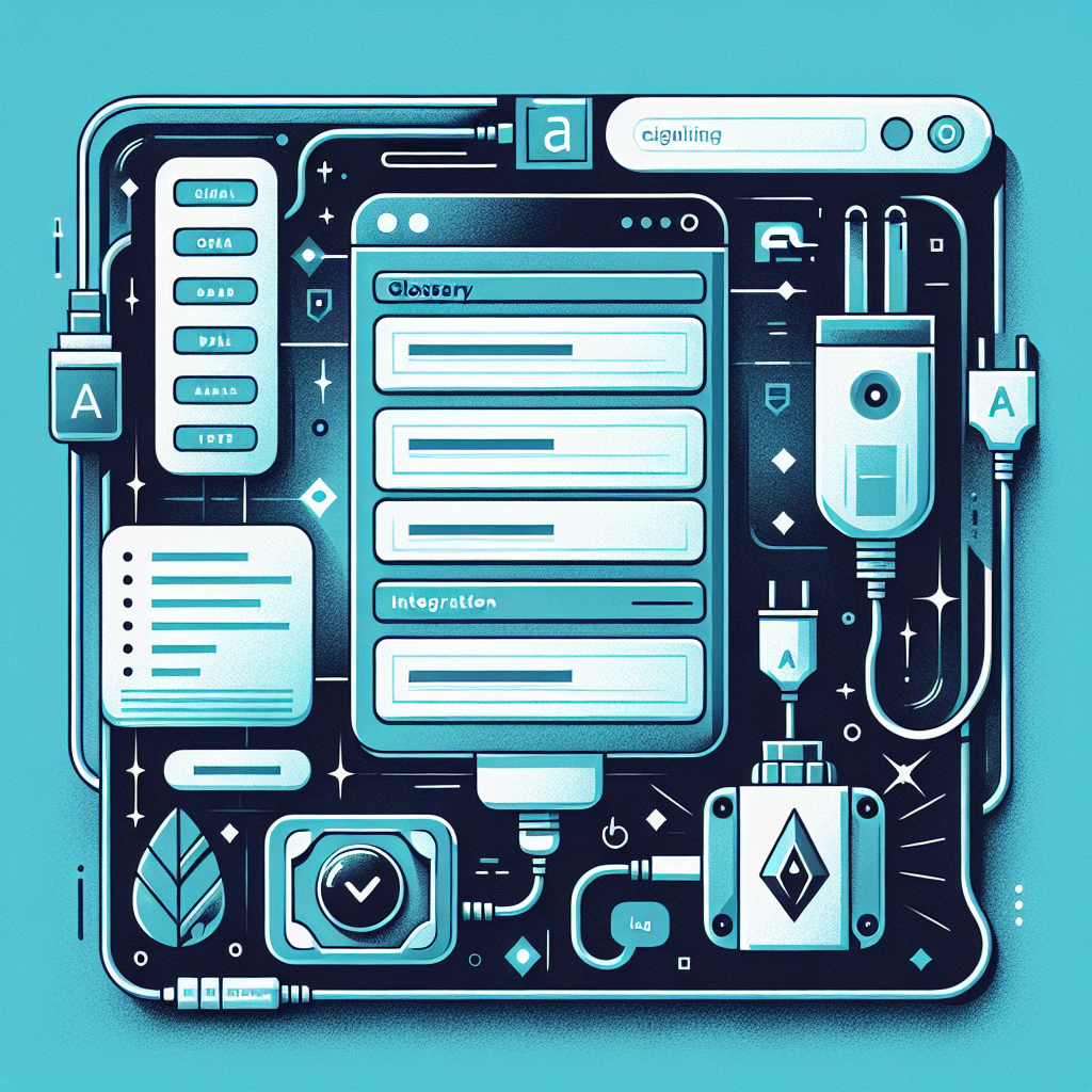 Abstraktes Tech-Beitragsbild: Glossar-Liste, Slide-over-Panel und Tabellenquelle verbunden – KI-gestützte WordPress-Integration in Petrol/Teal.