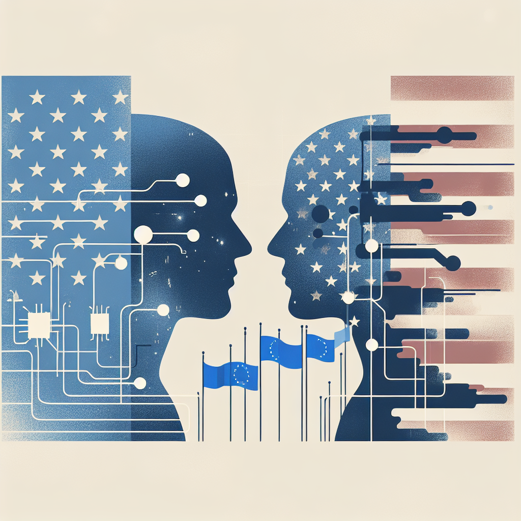 Keyvisual: abstrakte Gegenüberstellung Europa und USA mit Daten- und KI-Netzwerk