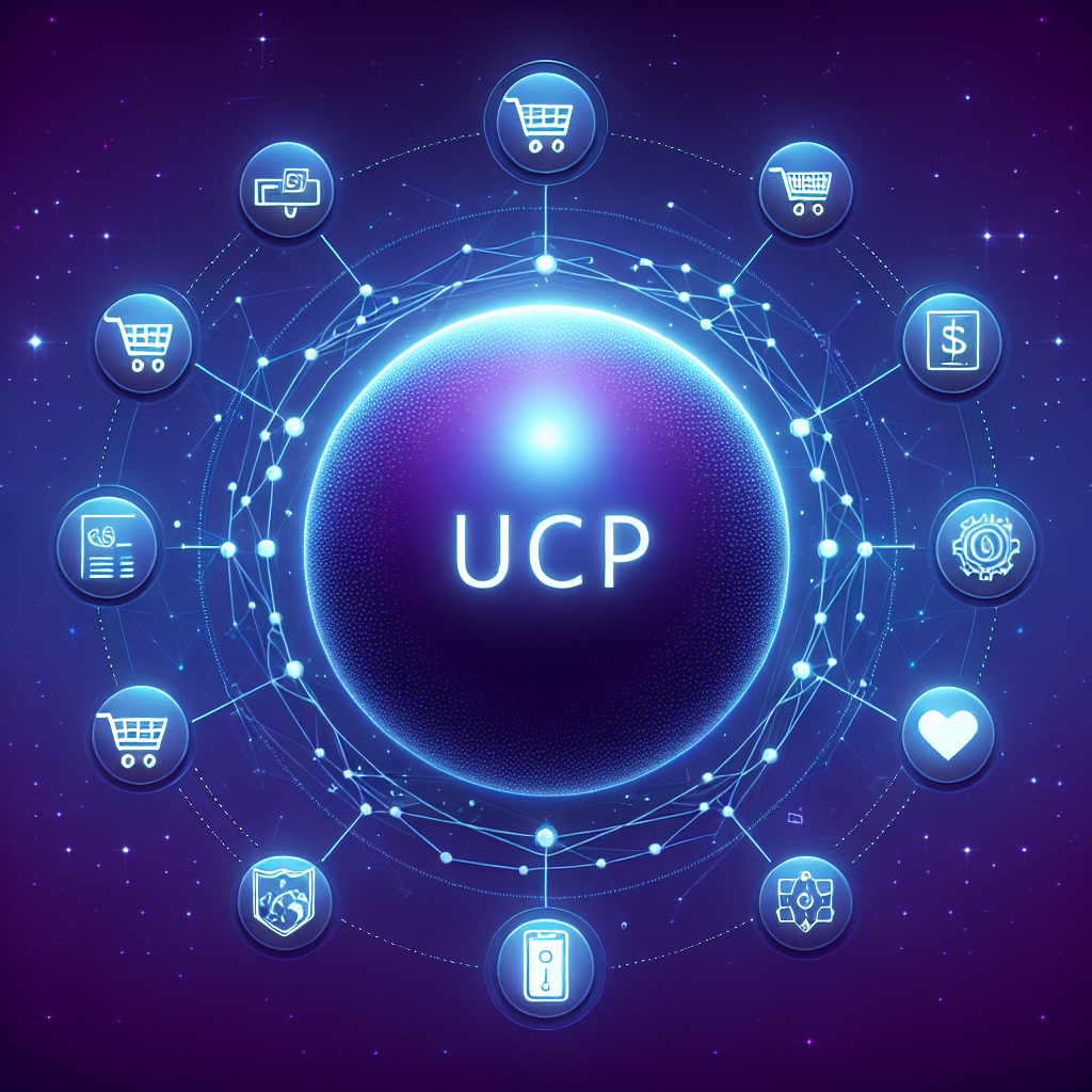 Visualisierung des Universal Commerce Protocol mit vernetzten Commerce- und KI-Elementen