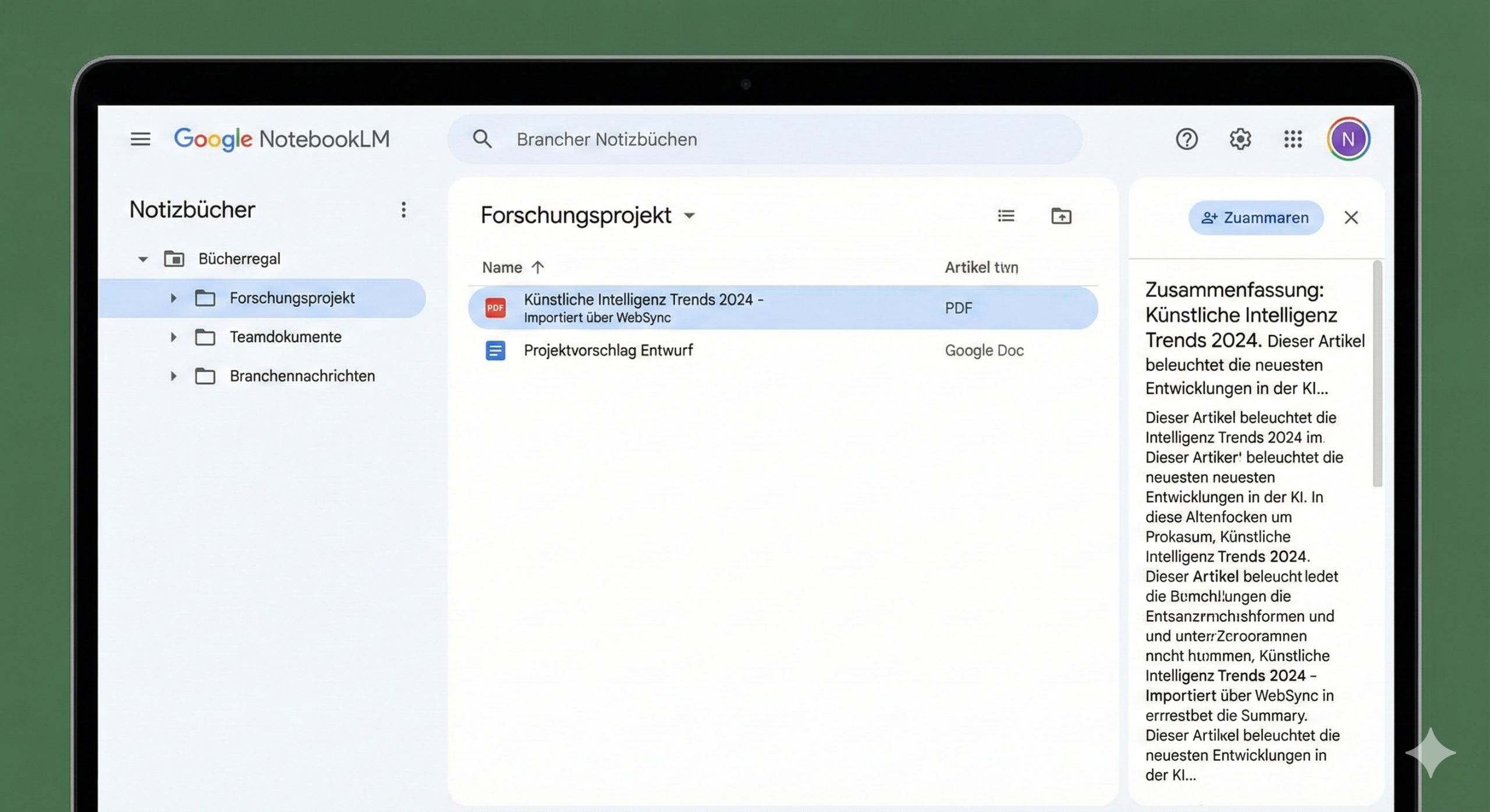 NotebookLM Dashboard mit Ordnerstruktur und importierten Quellen