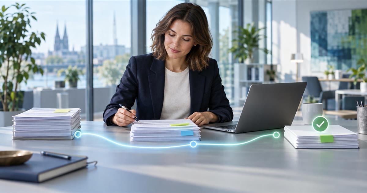 Mitarbeiterin prüft einen mit Microsoft Copilot unterstützten Arbeitsablauf