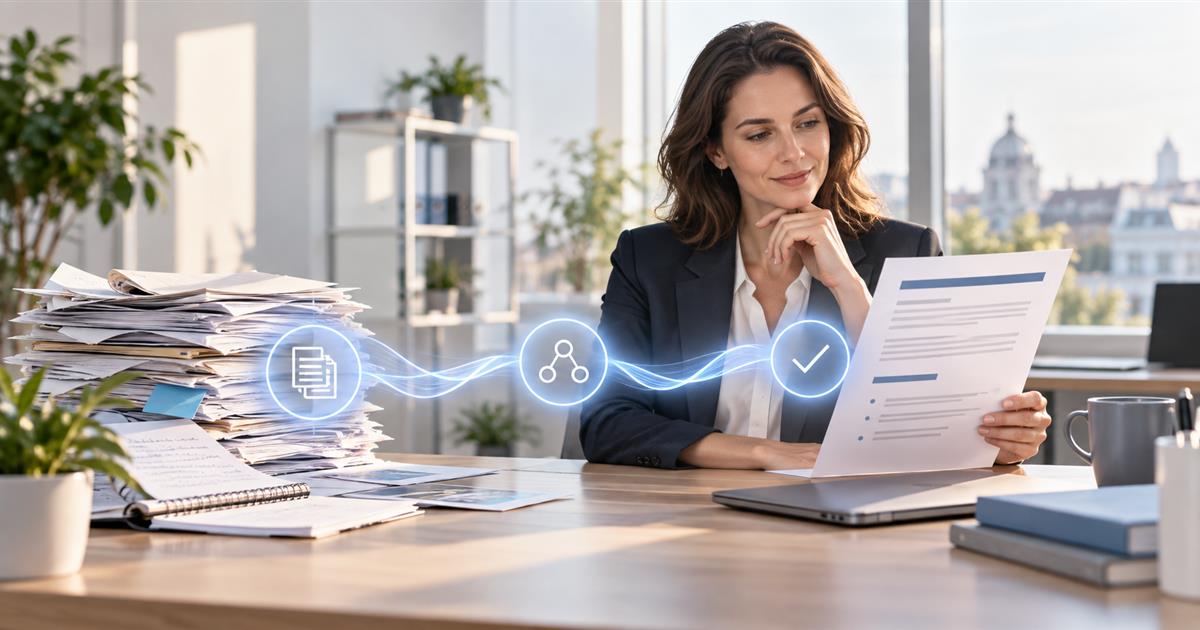 Mitarbeiterin erstellt und prüft Dokumente mit Microsoft Copilot