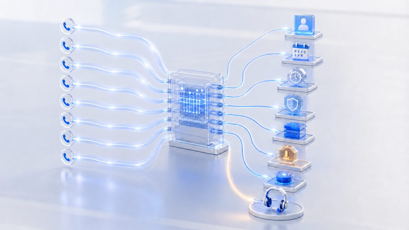 KI-Telefonie für Unternehmen mit acht Anrufpfaden, Voice-Agent-Routing und Governance