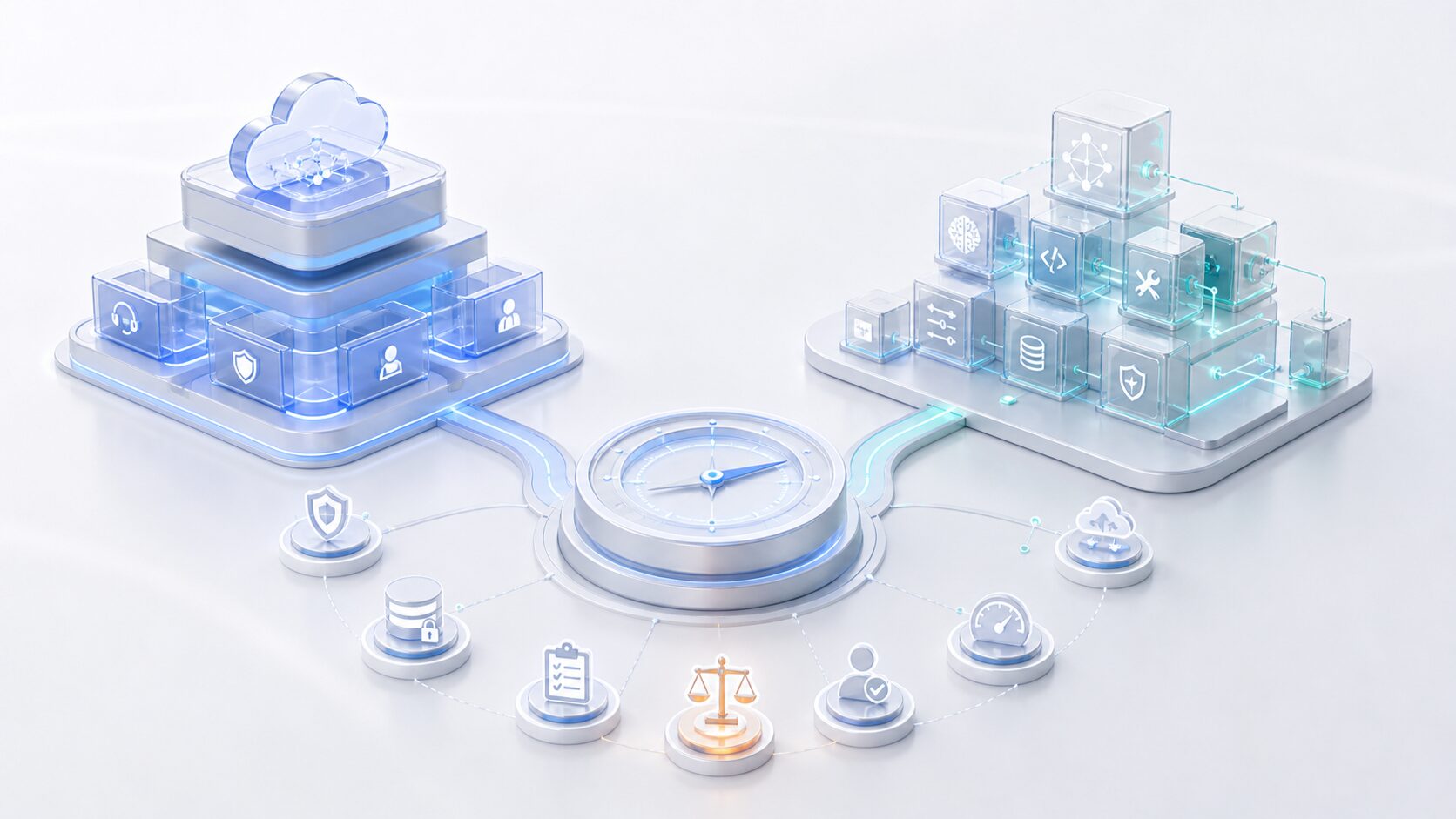 Helle Visualisierung einer Unternehmensentscheidung zwischen betreutem KI-Agenten-Service und modularer Eigenentwicklung mit zentraler Bewertung von Kosten, Governance und Kontrolle