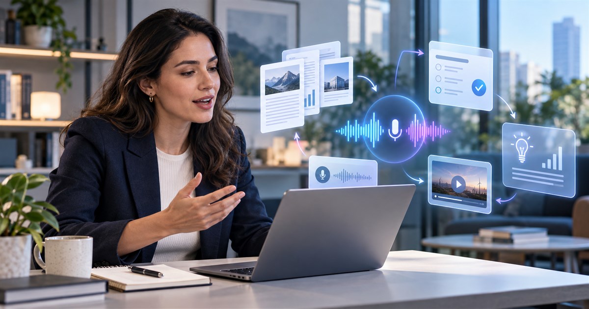 Mitarbeiterin nutzt Gemini Notebook per Sprachdialog mit Quellen, Quiz, Audio und Lernvideo