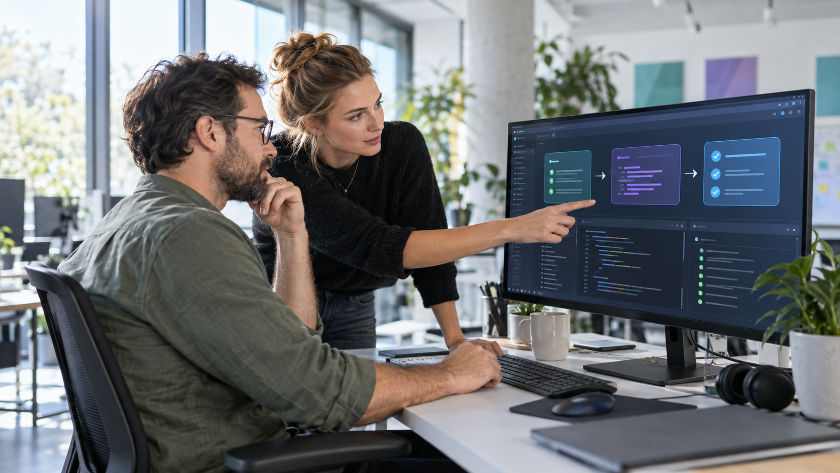 Softwareentwickler prüfen einen dreistufigen KI-Agenten-Workflow in einer Entwicklungsumgebung