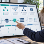 Mitarbeiter zeigt in einer Besprechung auf einem Bildschirm mit RAG-Pipeline und Abdeckungsmatrix den Vergleich von fünf RAG-Systemen