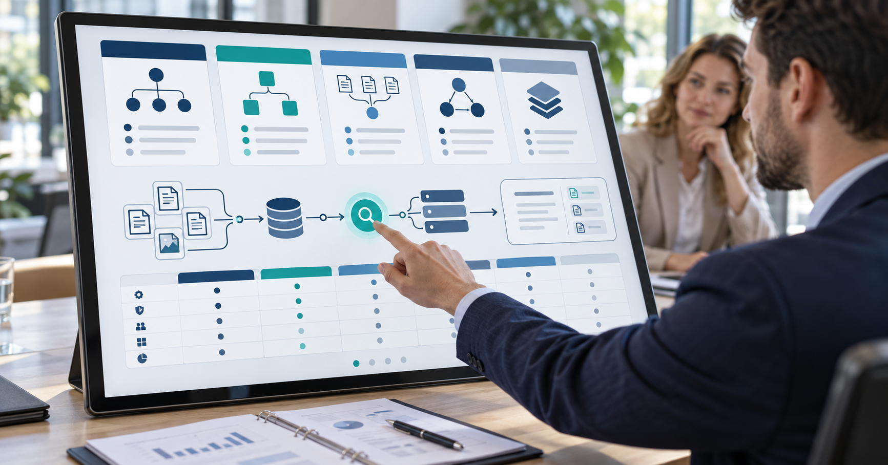 Mitarbeiter zeigt in einer Besprechung auf einem Bildschirm mit RAG-Pipeline und Abdeckungsmatrix den Vergleich von fünf RAG-Systemen