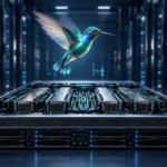 Türkisfarbener Kolibri über einem GPU-Server im Rechenzentrum als Symbol für Aleph Alpha Kolibri und den Infrastrukturbedarf lokaler KI.