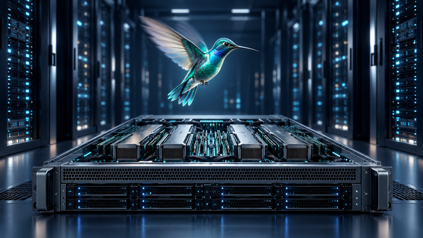 Türkisfarbener Kolibri über einem GPU-Server im Rechenzentrum als Symbol für Aleph Alpha Kolibri und den Infrastrukturbedarf lokaler KI.