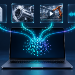 Illustration: Dokument, Bauteilfoto, Video und Audiosignal fließen in einen gemeinsamen Vektorraum auf einem Laptop.