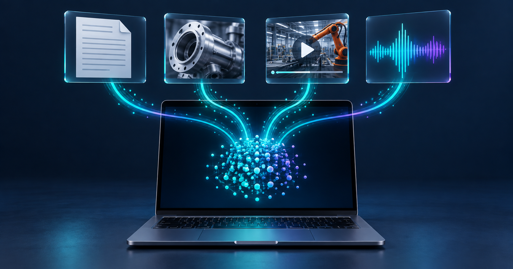 Illustration: Dokument, Bauteilfoto, Video und Audiosignal fließen in einen gemeinsamen Vektorraum auf einem Laptop.