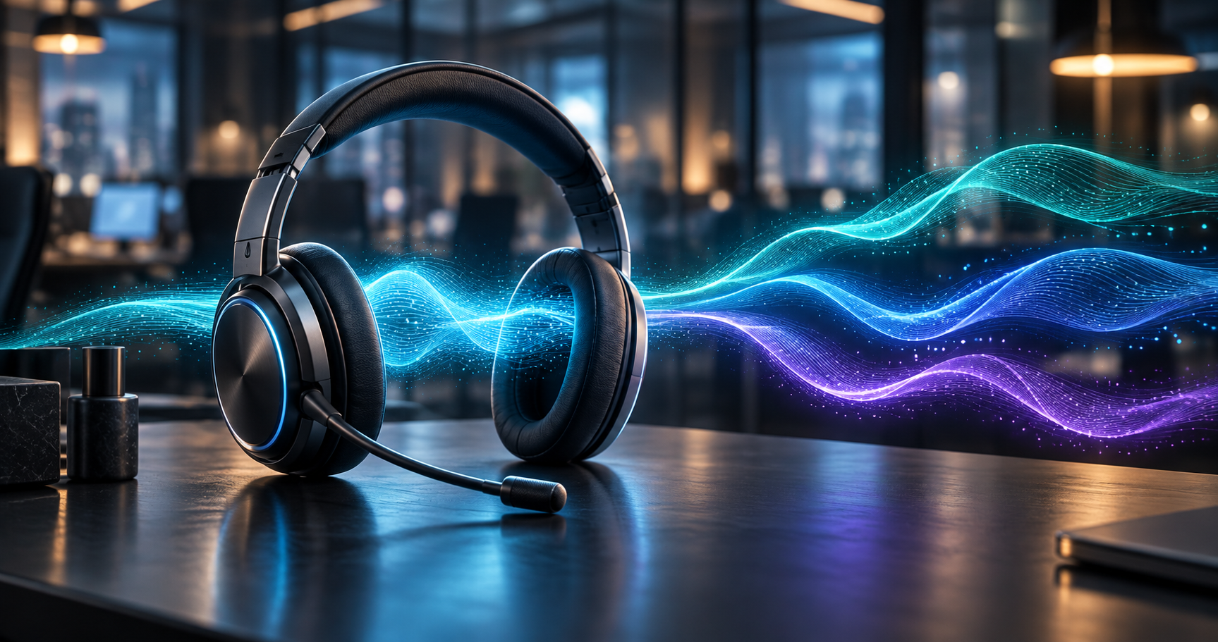 Headset mit leuchtenden Audiowellen als Symbol für Grok Voice 3.0 und Sprach-KI im Kundenservice.