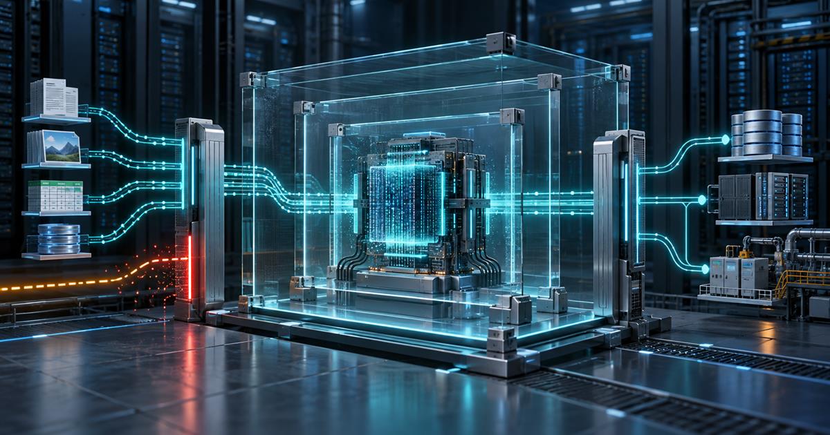 Mehrschichtige KI-Sicherheitsarchitektur: Daten passieren Kontrollpunkte auf dem Weg zum KI-System und zu Unternehmensanwendungen.