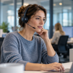 KI-generiertes Fotomotiv zum Einsatz von Microsofts MAI-Sprachmodellen im Kundenservice: Mitarbeiterin mit Headset und Laptop in einem modernen Büro.