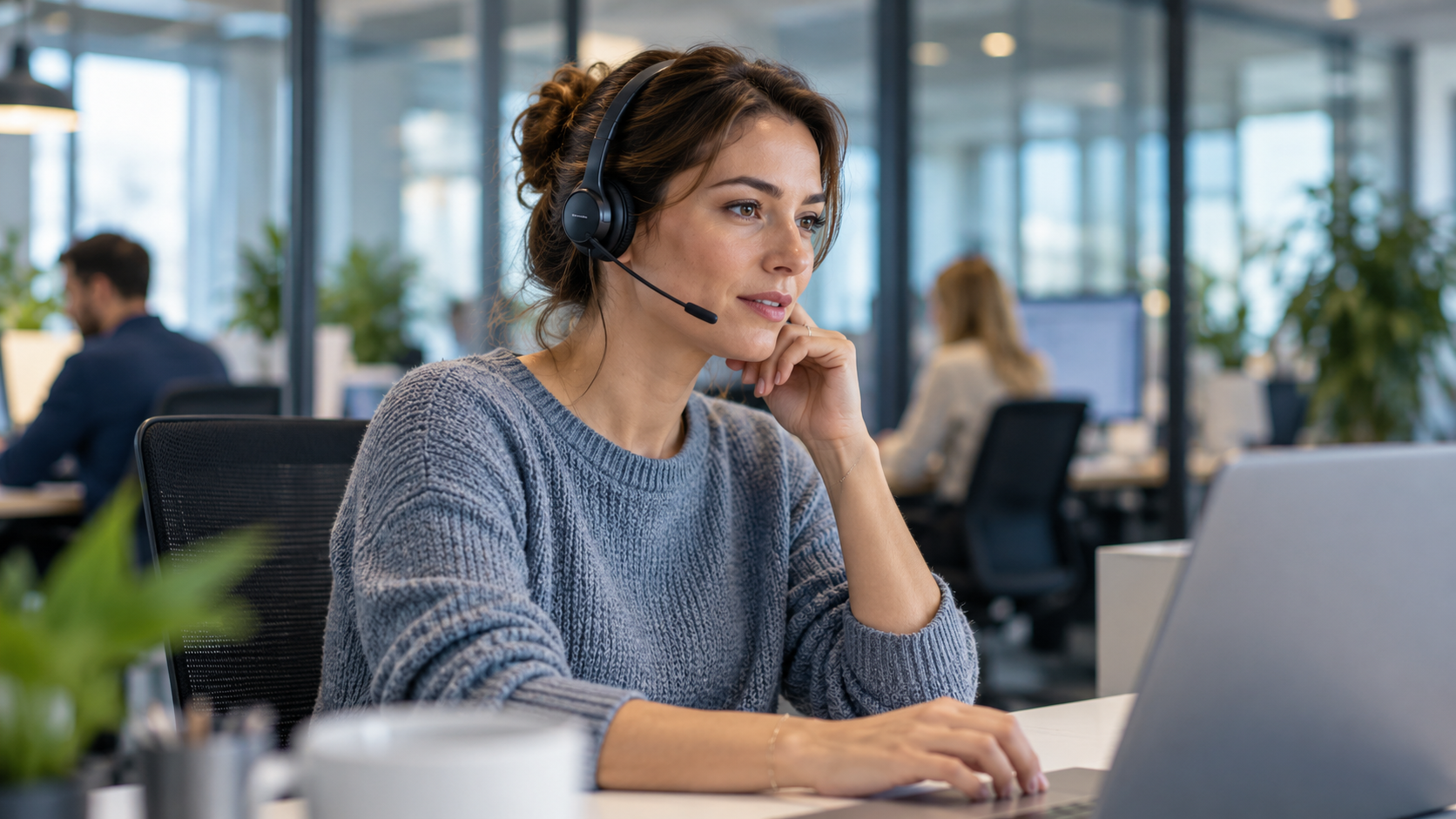 KI-generiertes Fotomotiv zum Einsatz von Microsofts MAI-Sprachmodellen im Kundenservice: Mitarbeiterin mit Headset und Laptop in einem modernen Büro.