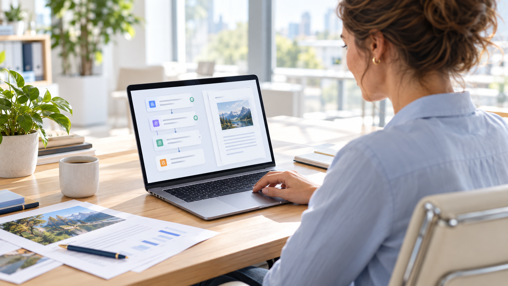 Muse Wonder im Unternehmen: KI-generierte Fotodarstellung einer Mitarbeiterin, die in einem hellen Büro einen digitalen Arbeitsablauf und Unterlagen am Laptop prüft.