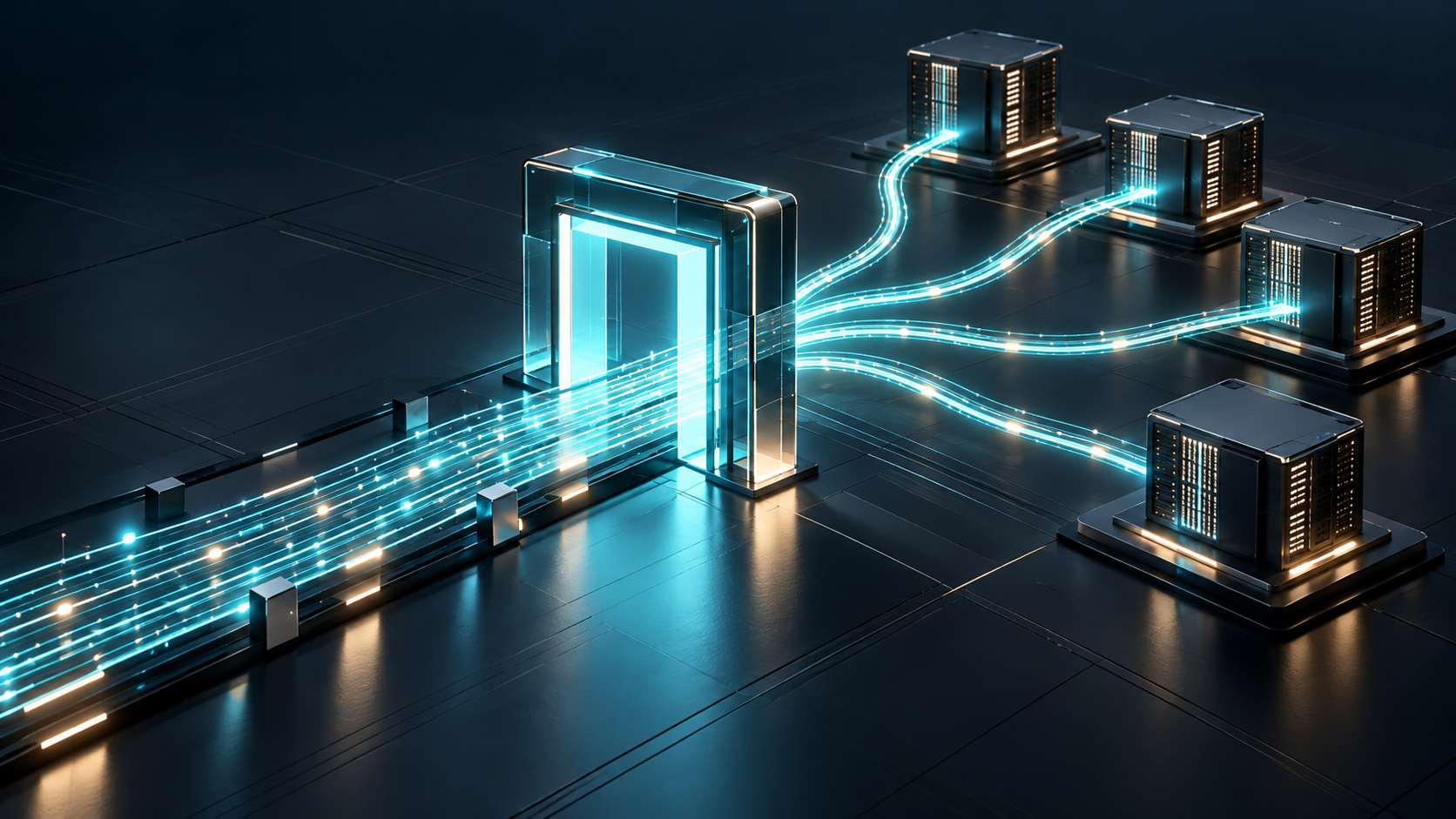 KI-generiertes Symbolbild zum nexos.ai AI Gateway: Türkisfarbene Datenströme passieren einen zentralen Zugang und verzweigen zu vier Servermodulen.