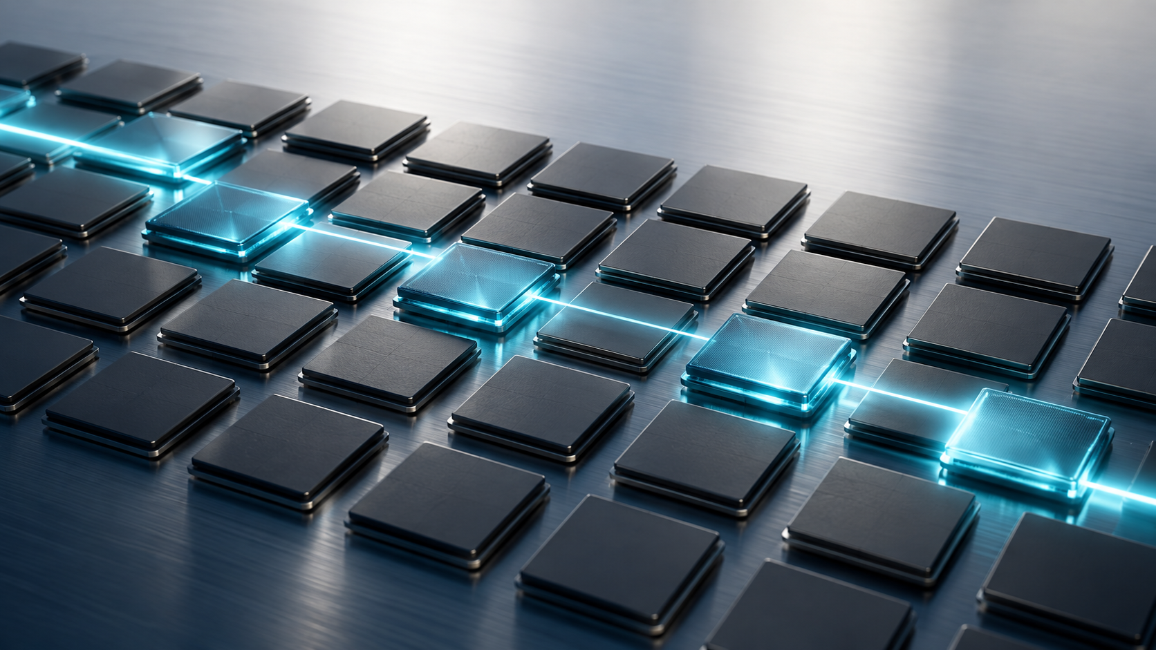 Symbolbild zu Reflection AI Beam: Ein cyanfarbener Lichtstrahl verbindet ausgewählte Module einer Rechenarchitektur.