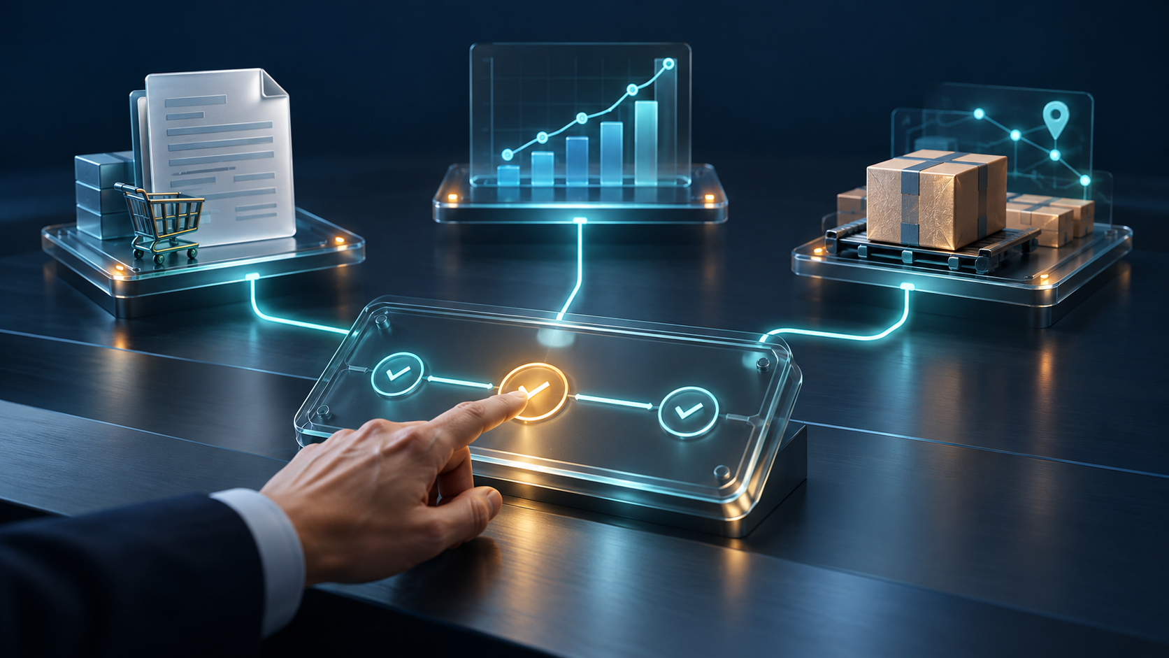 SAP Joule Work: Konzeptillustration vernetzter Geschäftsprozesse in Einkauf, Finance und Logistik mit menschlicher Freigabe
